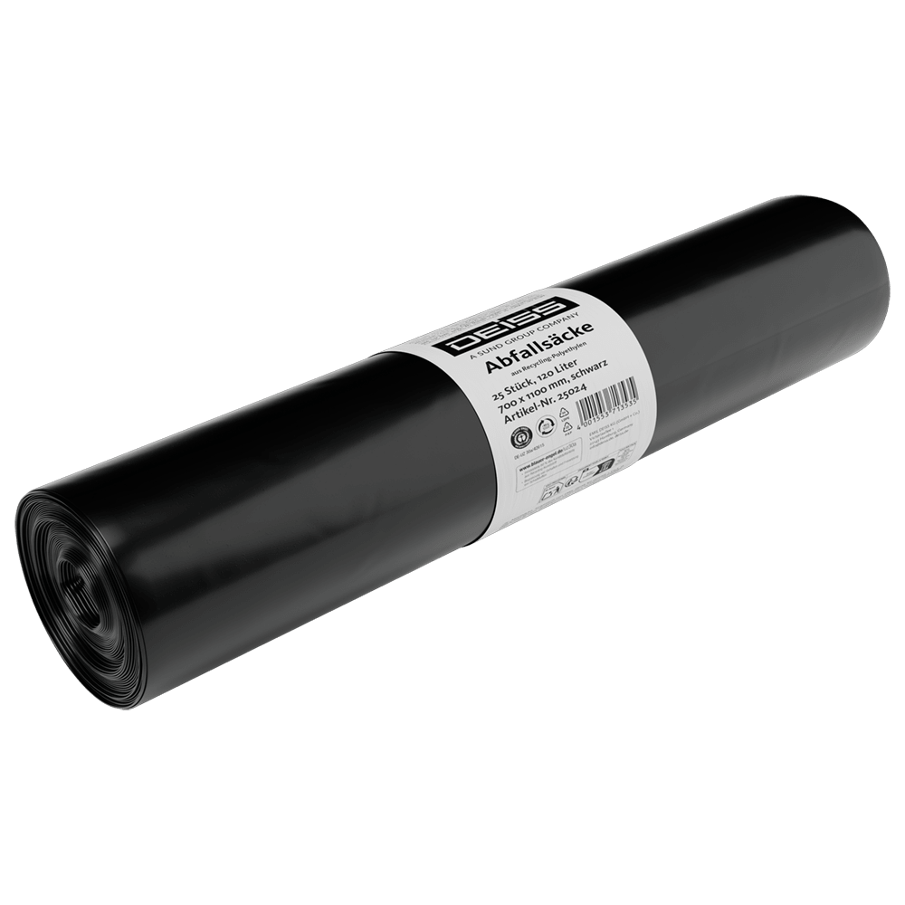 Saci de gunoi DEISS 25024 (700x1100 mm, Tip 60, negru, 25 bucăți/rolă) de la EMIL DEISS KG (GmbH + Co.) cu etichetă albă și simboluri de eliminare - ideali ca pungi de gunoi rezistente pe fundal alb.