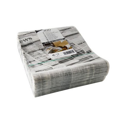 Un pachet sigilat cu 300 de pungi de hamburger PAPSTAR „Newsprint”, rezistente la grăsime (16x18 cm) de la PAPSTAR GmbH, în design alb-negru de ziar cu informații despre produs și cod de bare, ideal ca înlocuitor de pergament pentru împachetarea burgerilor.