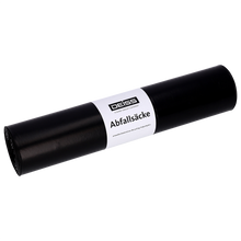 Eine schwarze Rolle DEISS 25702 Abfallsäcke (575x1000x0,05 mm) von EMIL DEISS KG (GmbH + Co.), Packung mit 25 Stück, mit weißem Etikett mit der Aufschrift "Abfallsäcke". Einfarbig heller Hintergrund.