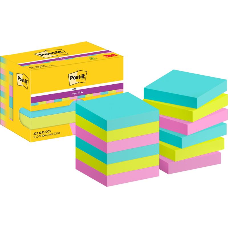 O cutie galbenă de Post-it® Super Sticky Notes (47,6 mm x 47,6 mm, 90 foi/bloc, 100% PEFC) de la 3M Deutschland GmbH este așezată lângă zece stive de bilețele pătrate albastre, galbene și roz cu logo-urile Post-it și 3M.