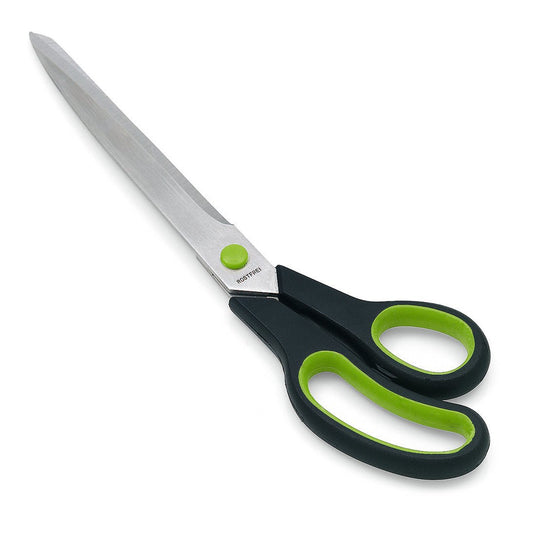 Foarfeca de tapițerie Nölle Profi Brush 2K11 cu lame din oțel inoxidabil și mânere ergonomice negru-verde asigură tăieturi precise; ilustrată pe un fundal alb. Marcă: Nölle Profi Brush Tehnica Periilor și Pensulelor e.K.