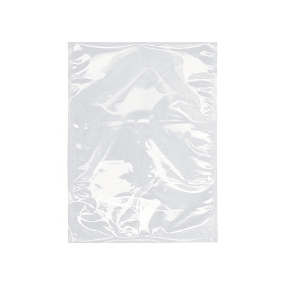 O pungă transparentă Starpak 100 Siegelrandbeutel de la Starpak este ilustrată pe un fundal alb. Punga dreptunghiulară din plastic PA/PE apare plată și ușor șifonată, pe suprafața sa sunt vizibile reflexii.