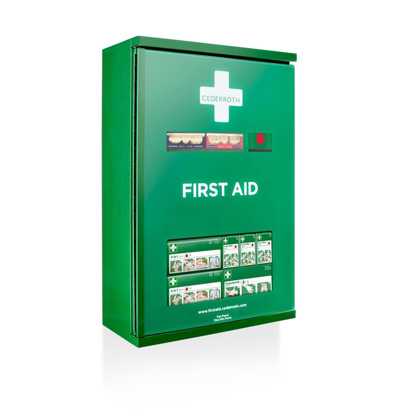 Dulap verde de prim ajutor Cederroth montat pe perete, cu uși duble (metal) de la Orkla Wound Care AB (L 385 x Î 575 x A 170 mm), cu o cruce albă, compartimente de aprovizionare vizibile și instrucțiuni ilustrate pentru acces ușor.
