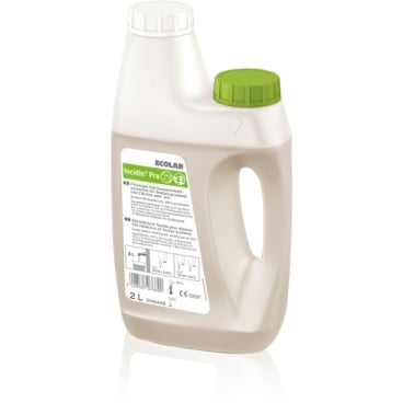 O sticlă de 2 litri de Ecolab Incidin Pro, prevăzută cu mâner, cu capac alb și verde pe laturile opuse și cu o etichetă albă conținând informații despre produs și simboluri de siguranță.