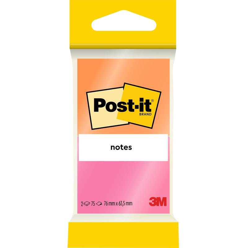 Un pachet de notițe Post-it® de la 3M din Joyful Collection (76 mm x 63,5 mm, 75 foi/bloc, 2 blocuri/pachet) este ambalat într-un ambalaj galben-alb cu gradient roz și poartă certificatul PEFC 100% (SGSCH-PEFC-COC-110078).