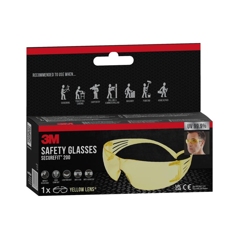 O cutie cu ochelari de protecție 3M™ SecureFit™ 200 de la 3M Deutschland GmbH arată o imagine a ochelarilor și a unei persoane care îi poartă, enumeră utilizările recomandate și subliniază protecția UV de 99,9%.