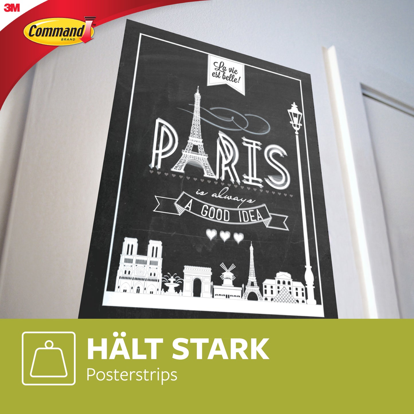Ein schwarz-weißes Paris-Poster ist mit 3M Deutschland GmbH Command™ Poster-Strips im Vorteilspack (17024-VP) befestigt. Links oben ist das Command-Logo zu sehen, darunter ein grünes Etikett mit der Aufschrift "HÄLT STARK Posterstrips" neben einer einfachen Hängerahmen-Abbildung.