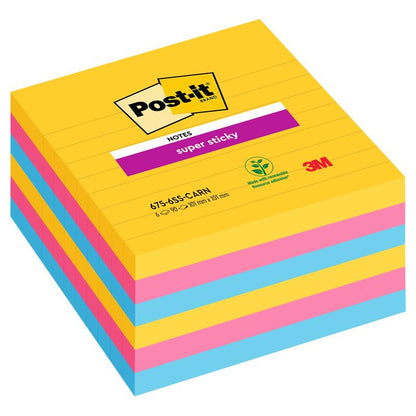 Un teanc de Post-it® Super Sticky Notes în format mare (101 mm x 101 mm, 90 foi/bloc, 100% PEFC) de la 3M Deutschland GmbH prezintă foi galbene, albastre și roz cu logo-ul și simbolul de reciclare pe ambalaj.