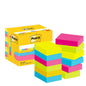 Un pachet de Post-it® Notes 3M Deutschland GmbH, Energetic Collection, 38x51 mm, 100 foi/bloc, 12 blocuri/pachet într-o cutie certificată PEFC - ideal pentru organizarea biroului în culori strălucitoare și cu marcajul brandului.