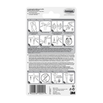 Pe partea din spate a ambalajului cârligelor metalice Command™ „clasic” de la 3M Deutschland GmbH se află o instrucțiune ilustrată pas cu pas pentru aplicare și îndepărtare, sfaturi multilingve și avertismente de siguranță, precum și un cod de bare și logo-uri în partea de jos.