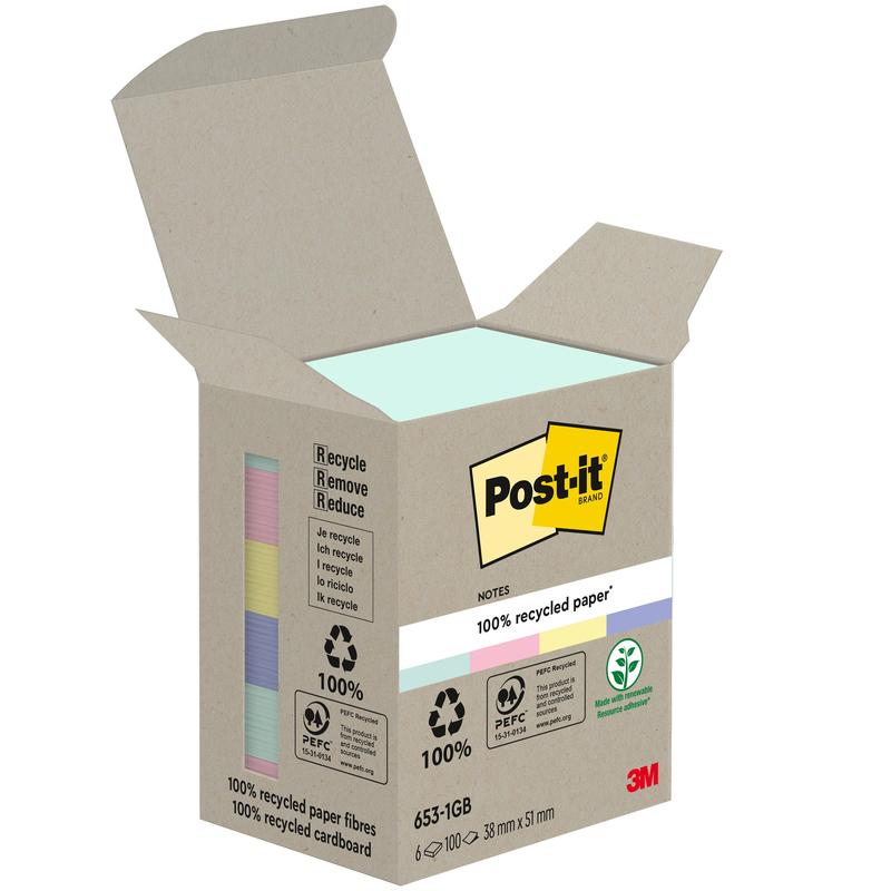 O cutie deschisă de Post-it® Recycling Notes (38 mm x 51 mm, 100 foi/bloc, 100% PEFC) de la 3M Deutschland GmbH arată mai multe blocuri pastelate și este prevăzută cu simboluri de reciclare și branding 3M.