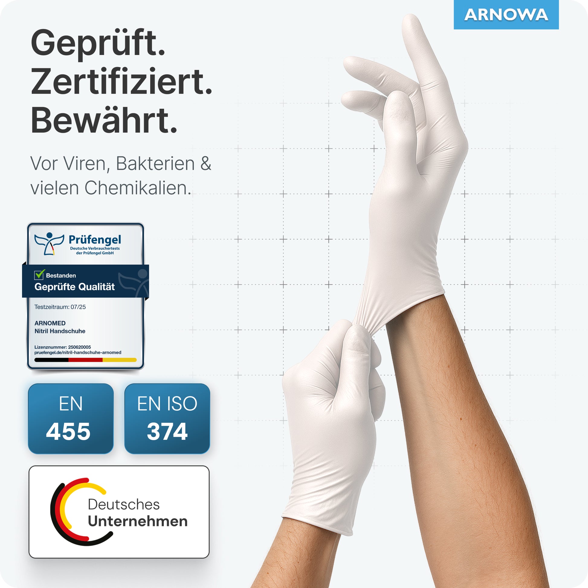 Eine Person trägt ARNOMED NITRIL WHITE reißfeste Einmalhandschuhe aus Nitril in Weiß von ARNOWA GmbH. Der Text hebt den zertifizierten Viren-, Bakterien- und Chemikalienschutz nach EN 455 & EN ISO 374 hervor, wobei das ARNOWA-Logo in der Ecke sichtbar ist.