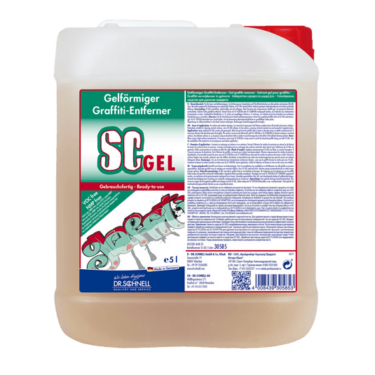 Un recipient de 5 litri Dr. Schnell Produsul de îndepărtare a graffiti-ului SC GEL de la DR.SCHNELL GmbH & Co. KGaA este prevăzut cu o etichetă verde-roșie care conține instrucțiuni de utilizare și o imagine reprezentând graffiti – ideal pentru îndepărtarea eficientă a graffiti-ului.