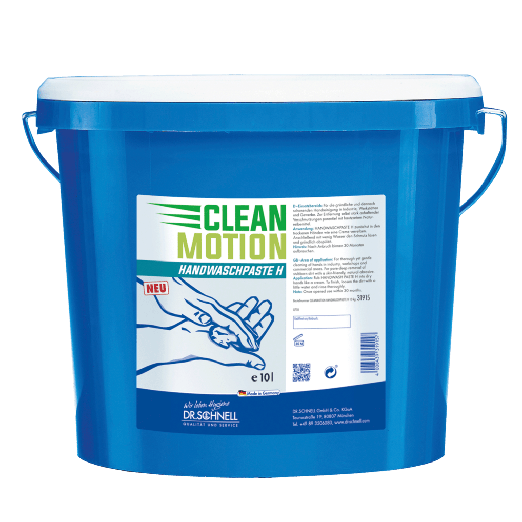 O găleată de plastic albastră de 10L cu capac și mâner alb, inscripționată cu "Dr. Schnell CLEANMOTION Pastă de spălat mâinile H, curățare intensă a pielii cu material abraziv" de la DR.SCHNELL GmbH & Co. KGaA; informații despre produsul german și grafică cu detergent de mâini pe partea din față.
