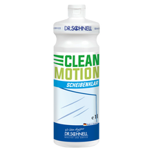 Eine weiße 1L-Kunststoffflasche mit der Aufschrift "Dr. Schnell CLEANMOTION SCHEIBENKLAR" der DR.SCHNELL GmbH & Co. KGaA mit blauer, grüner und gelber Schrift sowie einer Fensterabbildung; dieser Glasreiniger sorgt für eine schlierenfreie, kristallklare Reinigung.