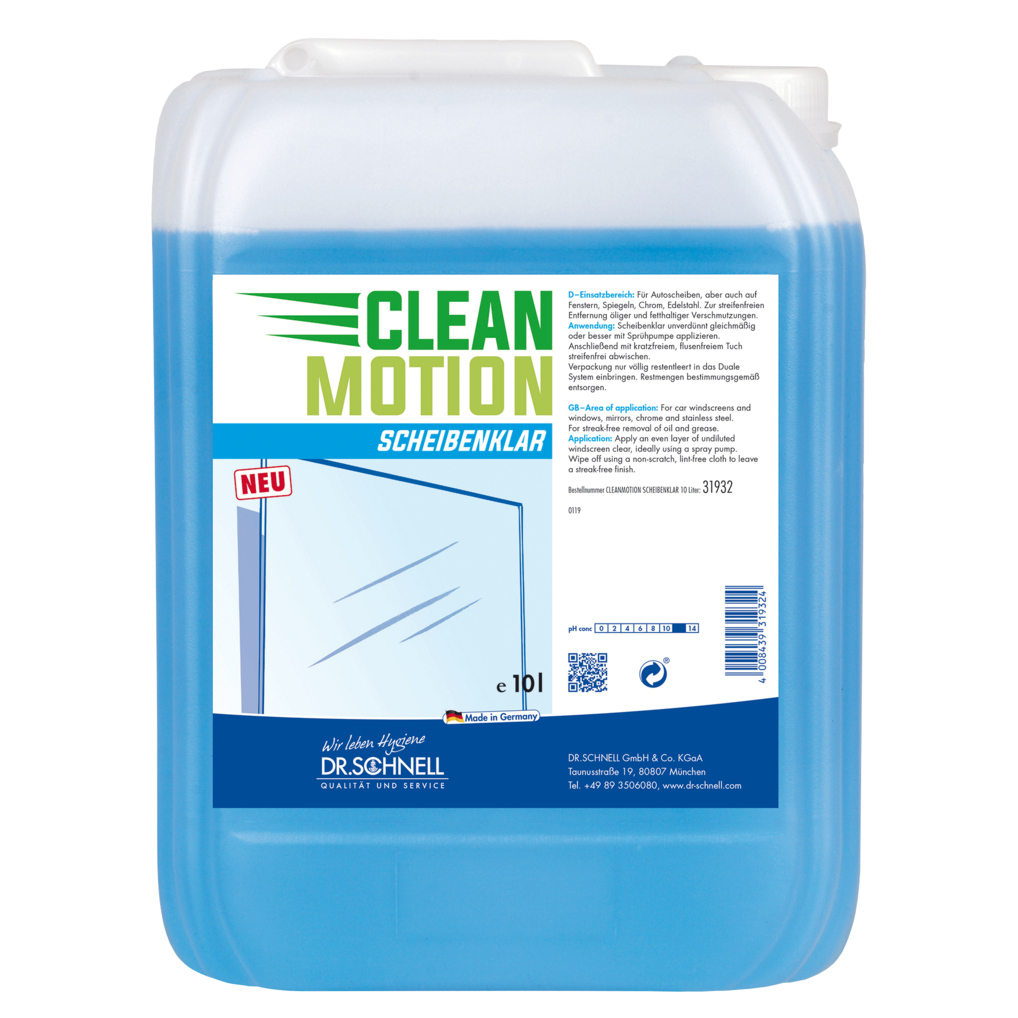 Ein 10-Liter-Kunststoffbehälter von Dr. Schnell CLEANMOTION SCHEIBENKLAR der DR.SCHNELL GmbH & Co. KGaA, mit Produktinfo und einer Windschutzscheibengrafik auf dem Etikett - idealer Glasreiniger für die streifenfreie Reinigung.