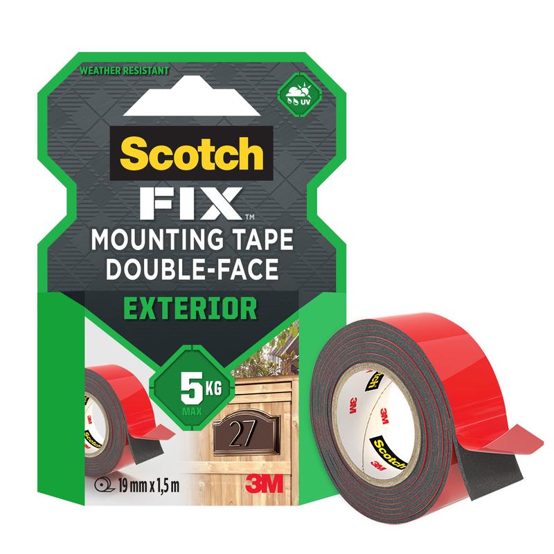 Banda de montaj exterioară dublu adezivă Scotch-FIX™ 5412-1915-P de la 3M Deutschland GmbH, 19 mm x 1,5 m (1 rolă/pachet), este o bandă de montaj rezistentă la intemperii, care suportă până la 5 kg și este ideală pentru aplicații exterioare.