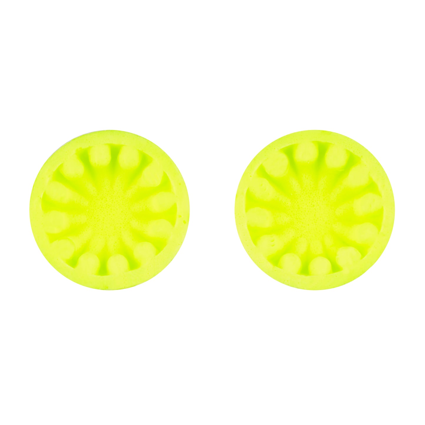 Zwei identische runde 3M™ Gehörschutzstöpsel E-A-Rsoft™ FX™ aus weichem Polyurethanschaum, gelb, SNR 37 dB, von 3M Deutschland GmbH, sind auf weißem Hintergrund für Lärmschutz in lauter Umgebung abgebildet.