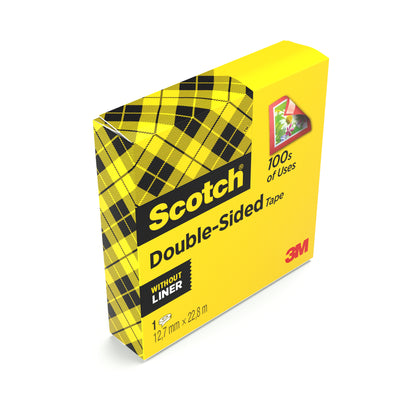 Eine gelbe Schachtel Scotch® doppelseitiges Klebeband von 3M Deutschland GmbH, 12 mm x 22,8 m, mit schwarzem Karomuster und den Aufschriften "100s of Uses" und "Without Liner". Enthält 1 Rolle pro Packung.