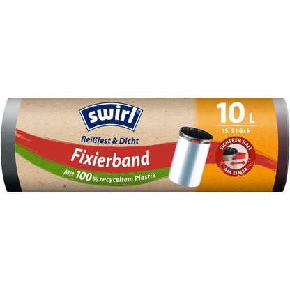 Un rolă Swirl saci de gunoi cu bandă fixă 10 l rezistentă la rupere și etanș de la Melitta Europa GmbH & Co. KG conține 15 pungi din plastic 100% reciclat, cu etichete roșii, verzi și albastre în germană pentru o eliminare ecologică a deșeurilor.