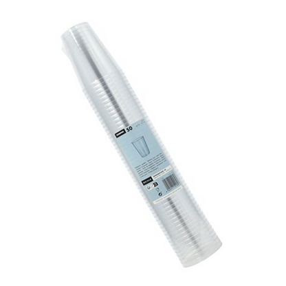 Un teanc de pahare de băut Starpak 50, PS transparente, este ambalat într-un plastic cu o etichetă albastră deschisă pe care sunt indicate marca Starpak și datele produsului, inclusiv cantitatea de 50 de pahare.