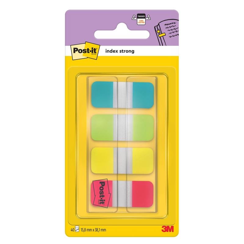 Post-it® Index Strong Ablagetabs, Mini (15,8 mm x 38,1 mm) în galben, roșu, albastru și verde de la 3M Deutschland GmbH vin ca 40 de benzi adezive/distribuitor (1 bucată), ideal pentru organizarea documentelor - un pachet cu distribuitor de plastic.