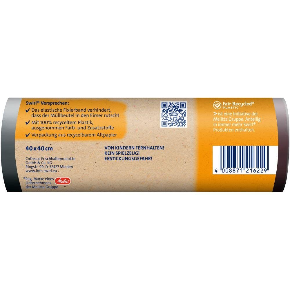 O etichetă maro cu text în germană evidențiază „eliminarea ecologică a deșeurilor” (40 x 40 cm) și avertismente de siguranță. Cu cod de bare, cod QR, logo-uri din plastic reciclat și detalii despre sacii de gunoi cu bandă fixă Melitta Europa Swirl 10 l (15 pungi/rolă).