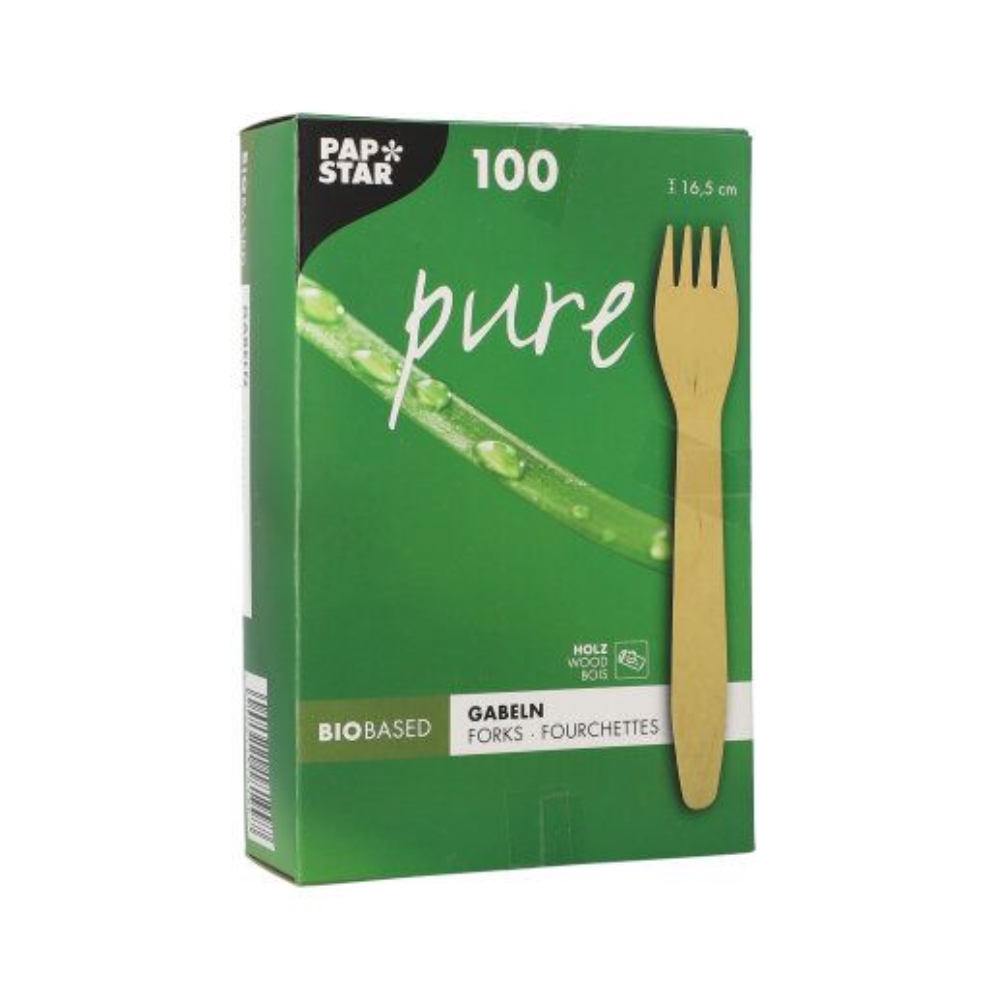 O cutie pliabilă verde de la PAPSTAR GmbH cu inscripția "furculițe din lemn pure" conține 100 de furculițe din lemn ecologice și stabile (16,5 cm), cu o imagine de furculiță și tulpină de plantă pe partea din față.
