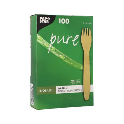 O cutie pliabilă verde de la PAPSTAR GmbH cu inscripția "furculițe din lemn pure" conține 100 de furculițe din lemn ecologice și stabile (16,5 cm), cu o imagine de furculiță și tulpină de plantă pe partea din față.