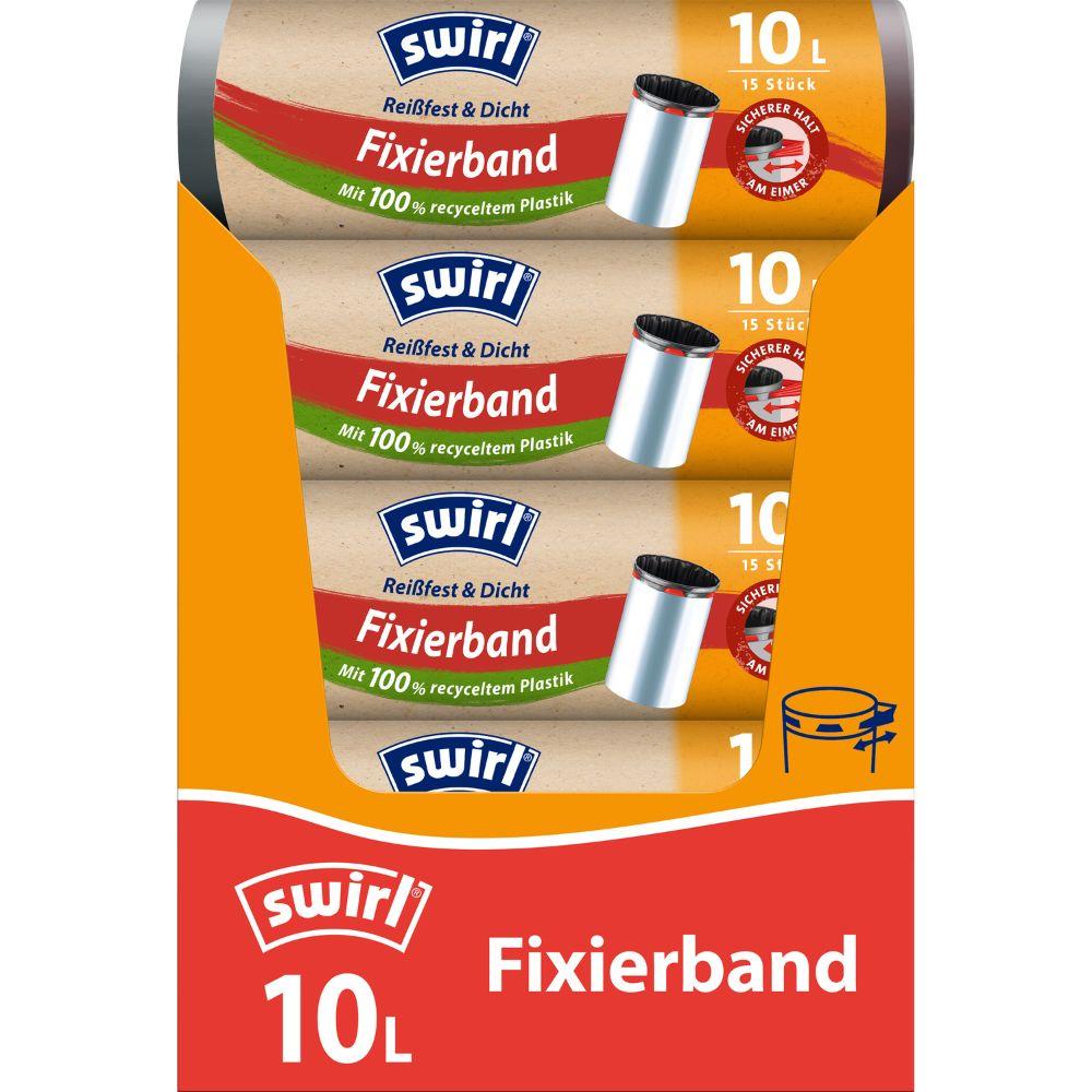 Ambalajul sacului de gunoi cu bandă fixă Swirl 10 l rezistent la rupere și etanș de la Melitta Europa GmbH & Co. KG arată trei role, este realizat din plastic ecologic, 100% reciclat, are o capacitate de 10 l și este disponibil în culorile roșu, portocaliu și albastru cu logo și simboluri.