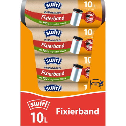 Ambalajul sacului de gunoi cu bandă fixă Swirl 10 l rezistent la rupere și etanș de la Melitta Europa GmbH & Co. KG arată trei role, este realizat din plastic ecologic, 100% reciclat, are o capacitate de 10 l și este disponibil în culorile roșu, portocaliu și albastru cu logo și simboluri.