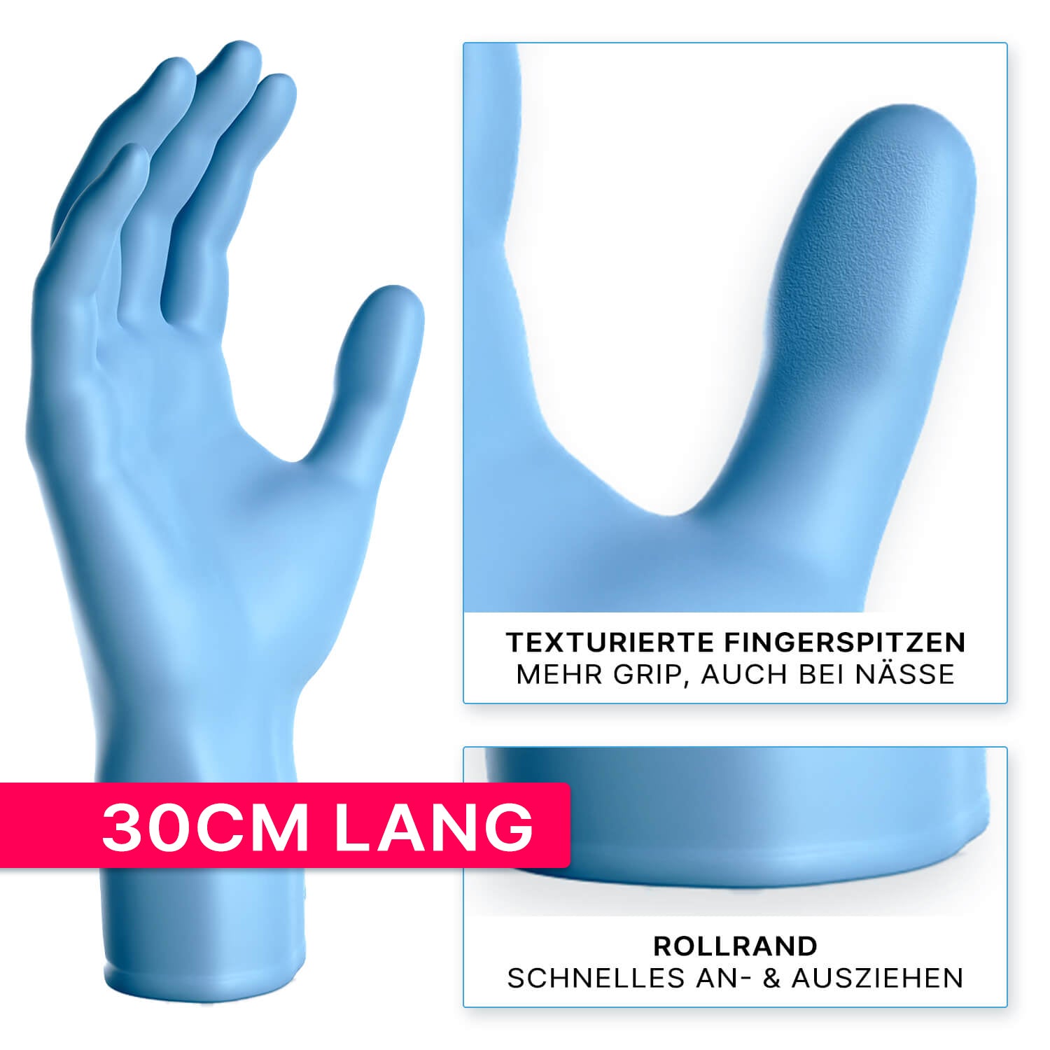 Der ARNOMED NITRIL BLUE XTRA LONG Einmalhandschuh von ARNOWA GmbH wird aufrecht gezeigt. Einsätze betonen die texturierten Fingerspitzen für besseren Halt bei Nässe und den Rollrand für leichtes An- und Ausziehen. Länge: 30 cm.