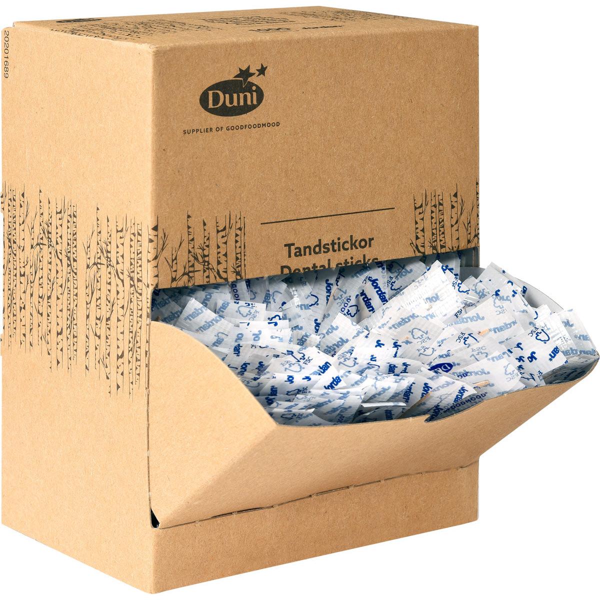Eine braune Spenderbox aus Pappe mit der Aufschrift "Duni GmbH Zahnstocher Neutral Holz 50 | Packung (1000 Stück)" enthält einzeln verpackte Holzzahnstocher in weißer und blauer Verpackung, von denen einige durch die geöffnete Frontklappe sichtbar sind.