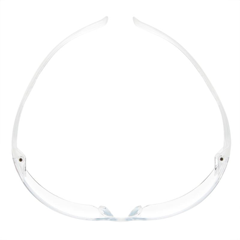 Ochelarii de protecție 3M™ SecureFit™ 200 de la 3M Deutschland GmbH sunt văzuți de sus, cu cadre din plastic transparente și lentile pe un fundal alb.