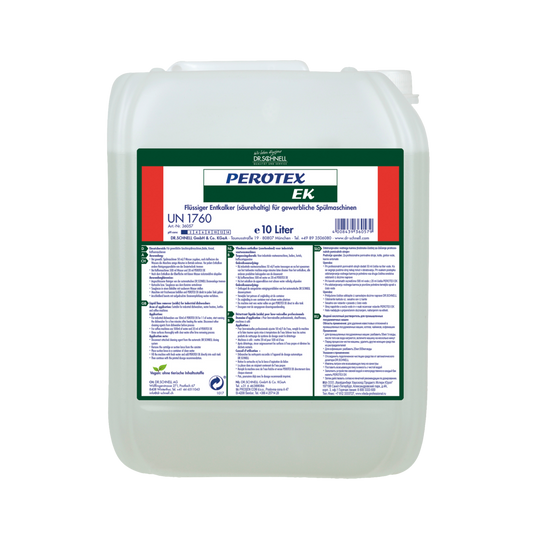 Ein 10-Liter-Kanister Dr. Schnell PEROTEX EK Entkalker für gewerbliche Spülmaschinen und Küchenhygiene von DR.SCHNELL, mit einem mehrfarbigen deutschen Etikett mit Produktangaben und Hinweisen auf der Vorderseite.