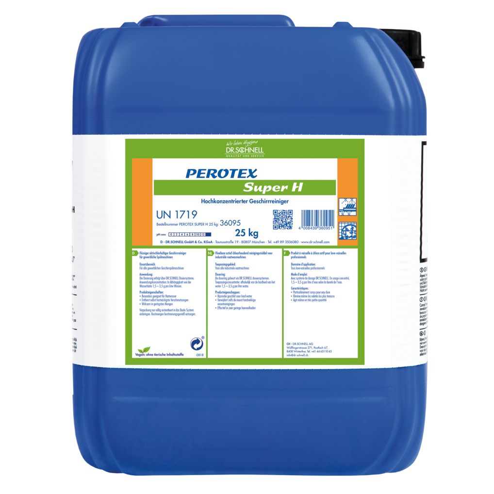 Ein großer blauer Kunststoffbehälter mit weißem Etikett trägt die Aufschrift "Dr. Schnell PEROTEX SUPER H" von DR.SCHNELL GmbH & Co. KGaA, Sicherheitshinweise und eine Gebrauchsanweisung. Dieser 25-kg-Reiniger ist für den professionellen Gebrauch bestimmt.