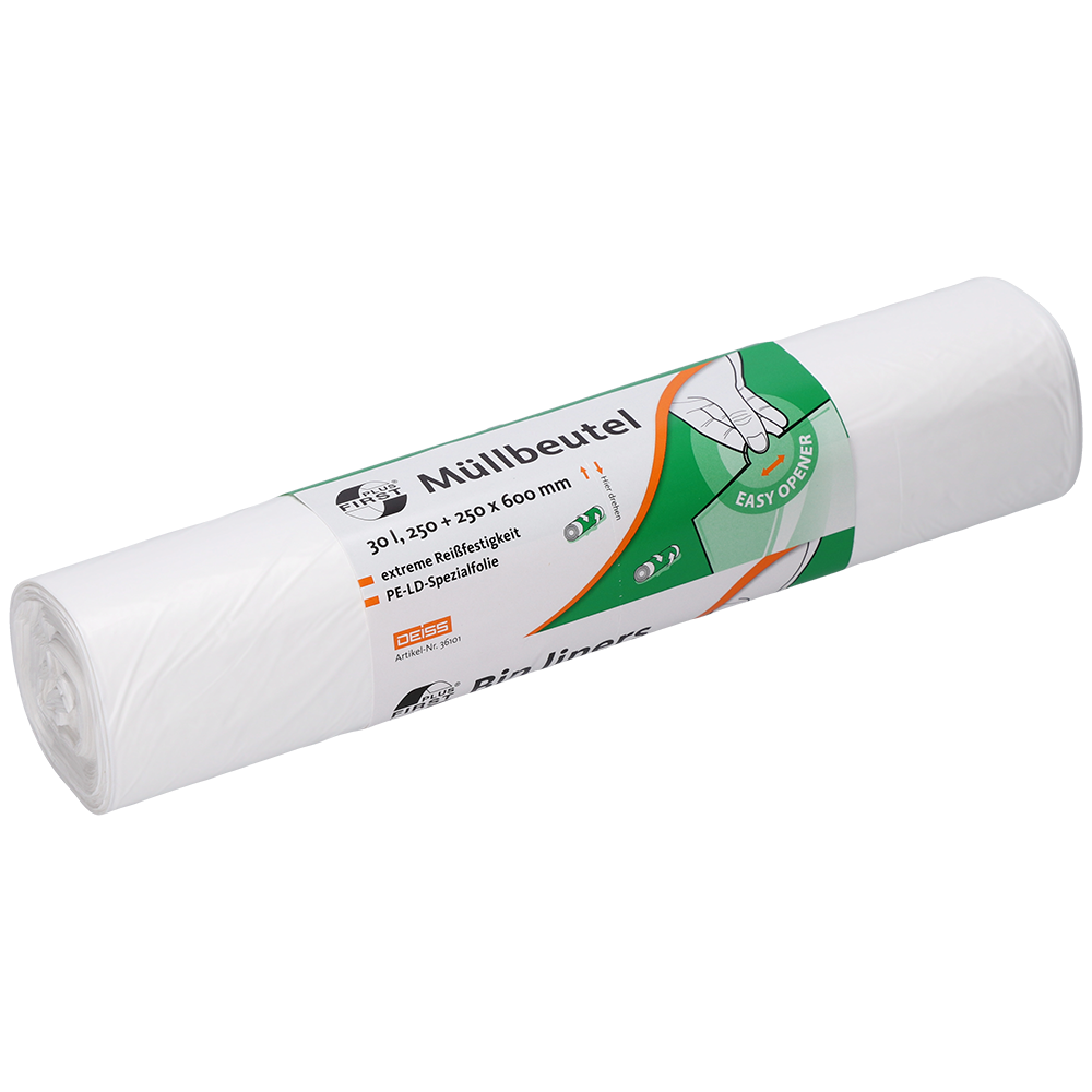 Un rolă de pungi de gunoi EMIL DEISS KG (GmbH + Co.) DEISS 36101, 250+250x600 mm, alb, rolă cu 50 de bucăți. Cu inscripție în limba germană, simbol pentru mână pentru extragere, indicație de dimensiune și simbol verde "easy open" pe ambalaj.