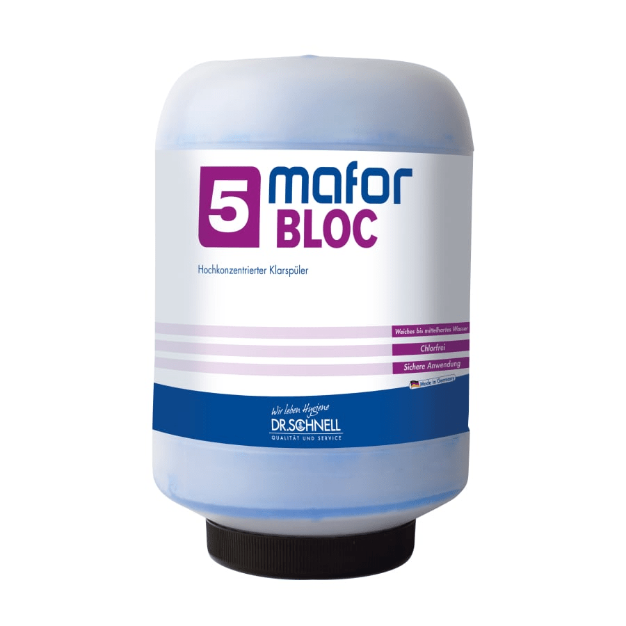 Un cartuș mare, cilindric de 1,8 kg Dr. Schnell MAFOR pentru clătire în igiena bucătăriei, cu accente albastre, text german, un mare 5, capac negru cu filet și „DR.SCHNELL” imprimat pe fund - ideal pentru mașina de spălat vase.