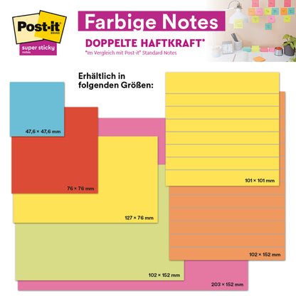 Notițele Post-it® Super Sticky în format mare de la 3M Deutschland GmbH în Ultra Galben (101 mm x 152 mm, 90 de foi/bloc, 6 blocuri/pachet, certificat PEFC) sunt prezentate pe un birou cu articole de birou pe perete.
