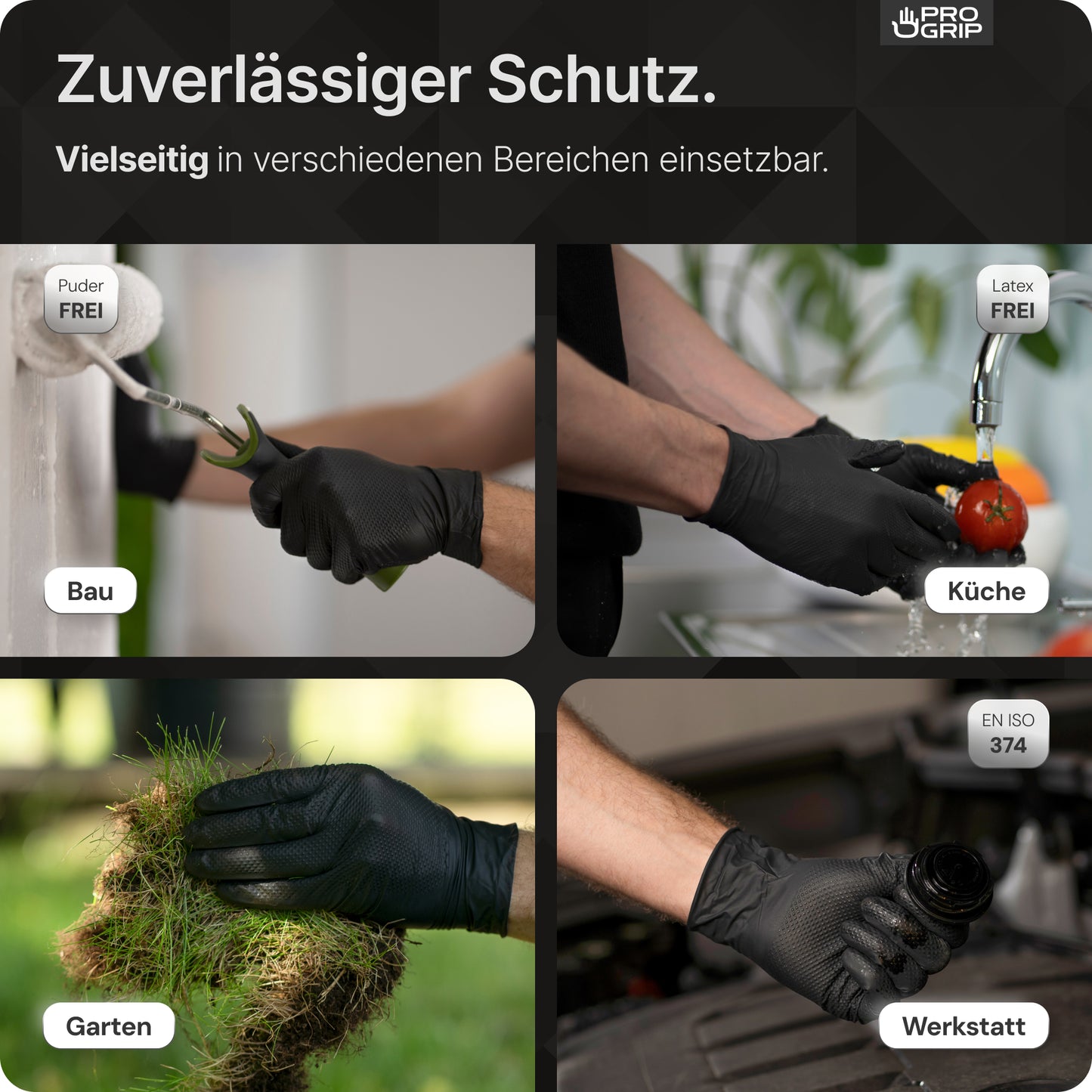 Eine Collage mit vier Bildern zeigt Hände, die den PROGRIP NITRIL DIAMOND BLACK von ARNOWA GmbH bei der Arbeit auf dem Bau, beim Waschen einer Tomate, bei der Gartenarbeit und bei der Verwendung von Werkzeugen tragen - ein Beweis für die Vielseitigkeit und Haltbarkeit der Handschuhe.