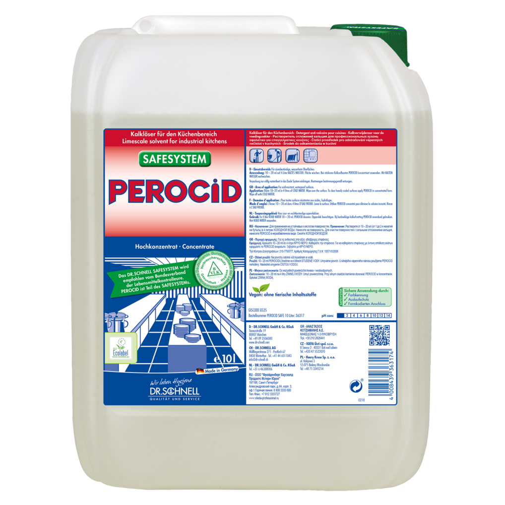 Ein 10-Liter-Kunststoffbehälter von Dr. Schnell PEROCID Kalklöser für Oberflächen der DR.SCHNELL GmbH & Co. KGaA, mit grünem Deckel und einem blau-roten deutschen Etikett mit Anweisungen und Diagrammen zur Oberflächenreinigung und Kalkentfernung.