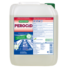Ein 10-Liter-Kunststoffbehälter von Dr. Schnell PEROCID Kalklöser für Oberflächen der DR.SCHNELL GmbH & Co. KGaA, mit grünem Deckel und einem blau-roten deutschen Etikett mit Anweisungen und Diagrammen zur Oberflächenreinigung und Kalkentfernung.