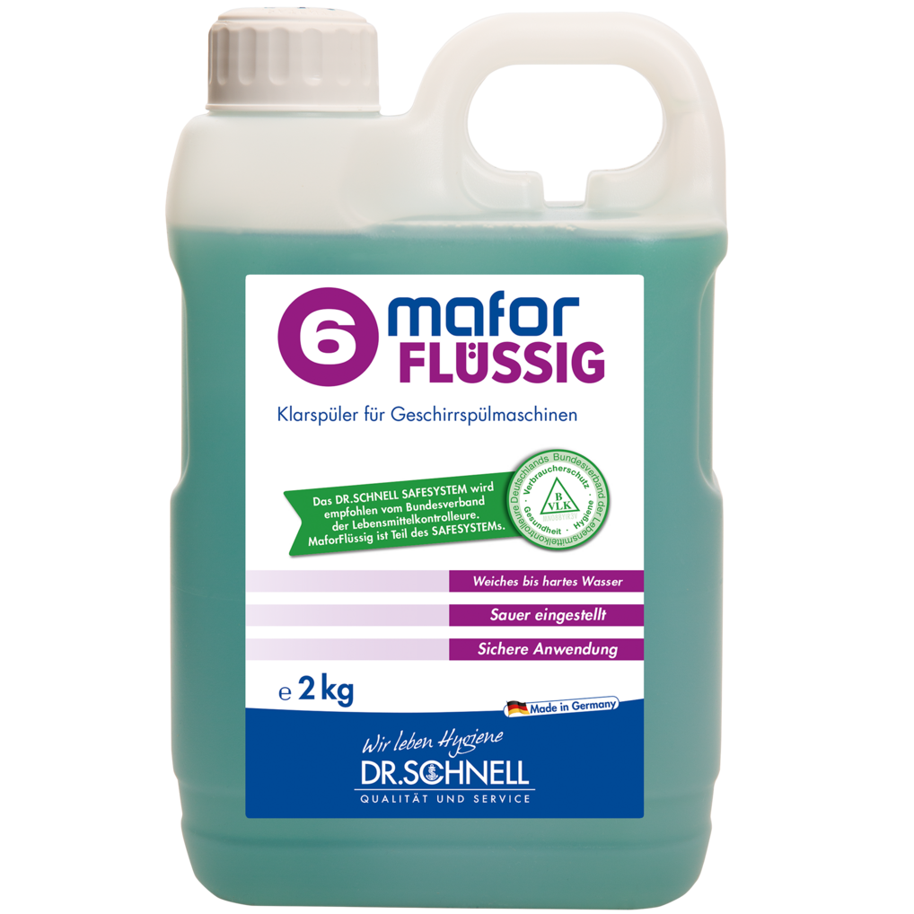 Ein 2 kg Kunststoffbehälter der DR.SCHNELL GmbH & Co. KGaA's MAFOR FLÜSSIG 6 Klarspüler für Geschirrspülmaschinen, mit Griff und Schraubverschluss. Das teal-lila Etikett weist auf die Verwendung als professioneller Klarspüler für Geschirrspülmaschinen hin.