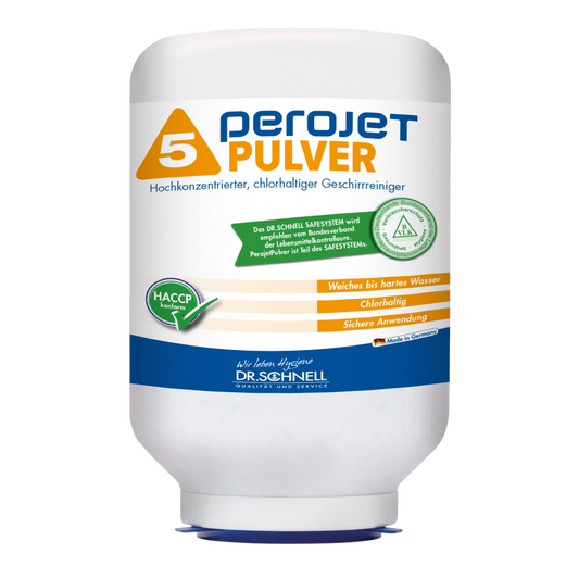 Eine weiße 3-kg-Kartusche mit der Aufschrift "Dr. Schnell PEROJET PULVER 5" der DR.SCHNELL GmbH & Co. KGaA, mit orangefarbener und blauer Aufschrift und deutschen Anwendungshinweisen; ein hochkonzentriertes, chlorhaltiges Geschirrspülmittel für Maschinen.