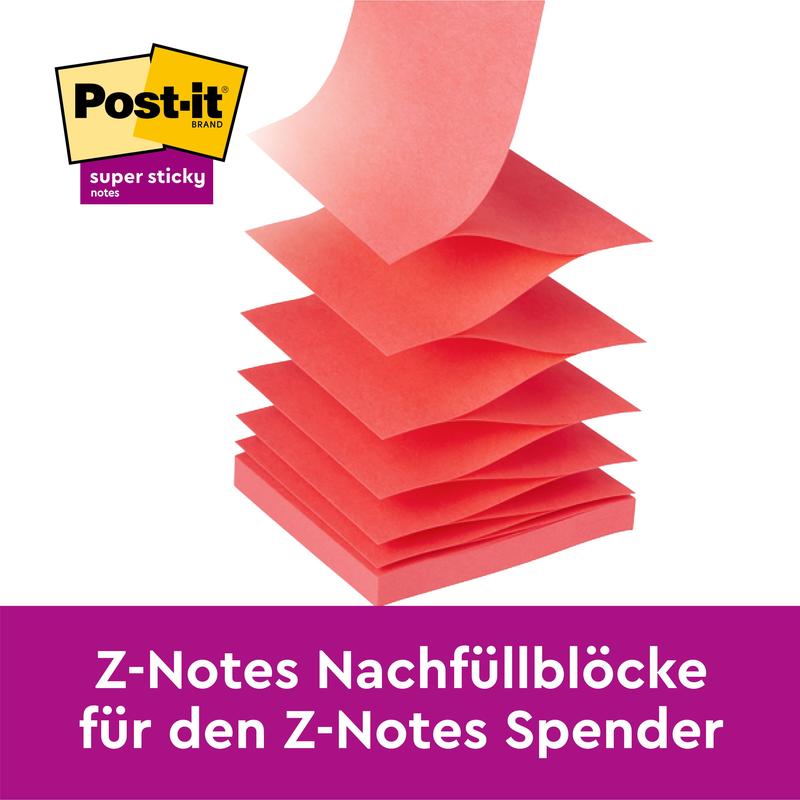 Un teanc de Post-it® Super Sticky Z-Notes galbene (76 x 76 mm, 90 foi/bloc) de la 3M Deutschland GmbH este prezentat desfăcut. Textul german spune: „Blocuri de reumplere Z-Notes pentru distribuitorul Z-Notes”. Ambalaj cu 20+4 gratuit, certificat PEFC.