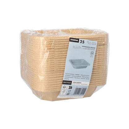 Un teanc de 25 de cutii de prânz Starpak, din carton dreptunghiular, este învelit în plastic transparent și are pe partea din față o etichetă cu detalii despre produs și o imagine a unui singur recipient.