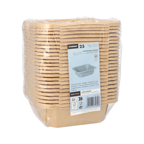 Un pachet cu 25 de cutii de prânz dreptunghiulare, maro, de la Starpak, din carton, învelite în folie de plastic, cu o etichetă pe partea din față care arată marca Starpak și informații despre produs. Perfecte ca cutie de prânz ecologică pentru orice eveniment.