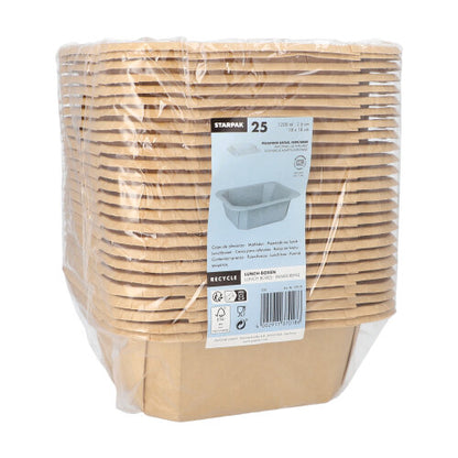 Este ilustrat un teanc de cutii de prânz Starpak 25, din carton dreptunghiular, învelit în folie de plastic. Pe partea din față se află o etichetă albă cu marca Starpak, detalii despre produs, cod de bare, simboluri de reciclare și imaginea unei cutii deschise.