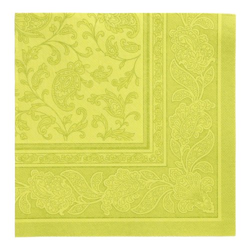 Șervețelul pătrat, verde, din hârtie din PAPSTAR "ROYAL Collection" (40 x 40 cm, 1/4 pliate) al PAPSTAR GmbH prezintă un model Paisley decorativ și o bordură decorativă cu motive florale și de frunze.