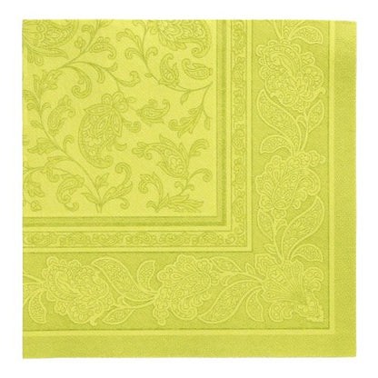 Șervețelul pătrat, verde, din hârtie din PAPSTAR "ROYAL Collection" (40 x 40 cm, 1/4 pliate) al PAPSTAR GmbH prezintă un model Paisley decorativ și o bordură decorativă cu motive florale și de frunze.